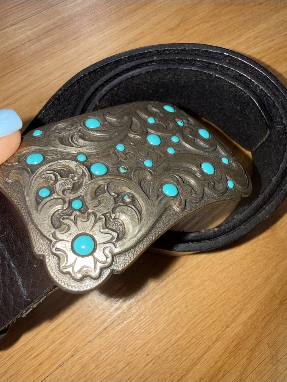 Vintage Fossil Leather Brown Belt Turquoise Buckle Western Size Small